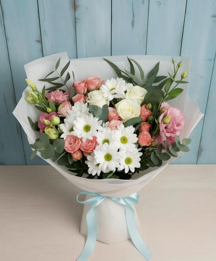 Букет цветов из: Розы, Лизиантусы и Хризантемы в Борки