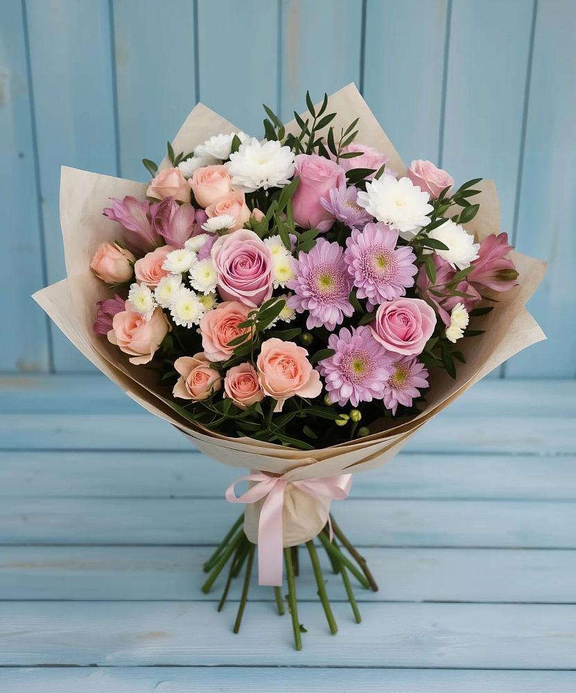 Букет цветов из: Хризантемы, Розы и Альстромерии в Борки